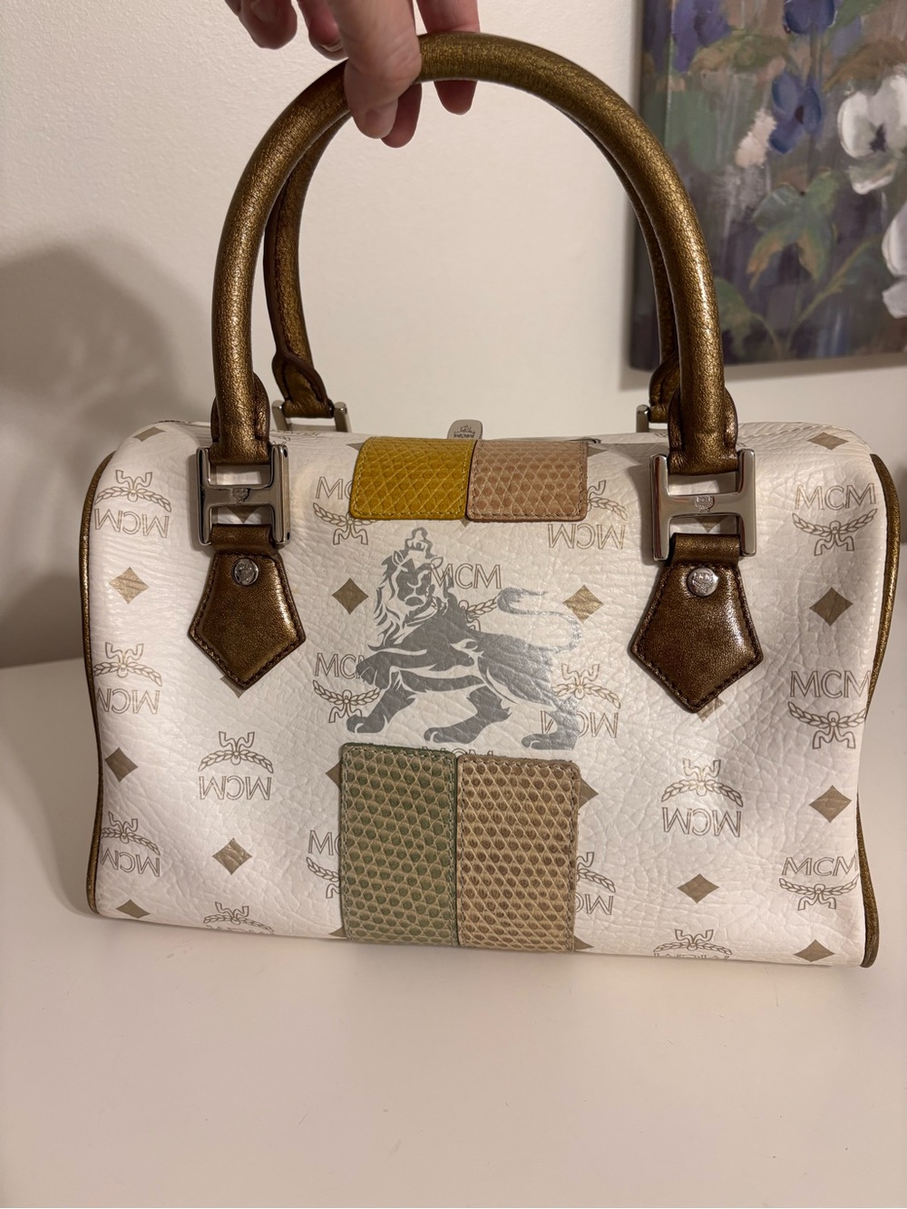 MCM Princess Lion Satchel H0501 White Visetos Bronze Python Trim Satchel